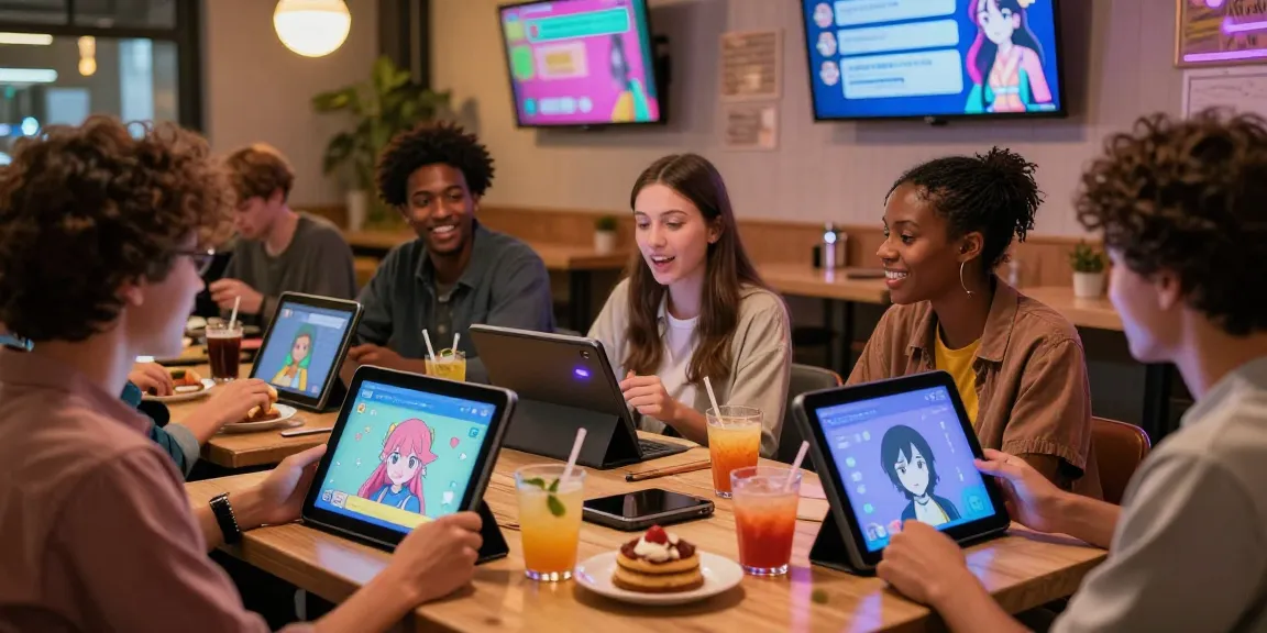 Engaging social setting showcasing ai ecchi chat with custom characters on tablets.