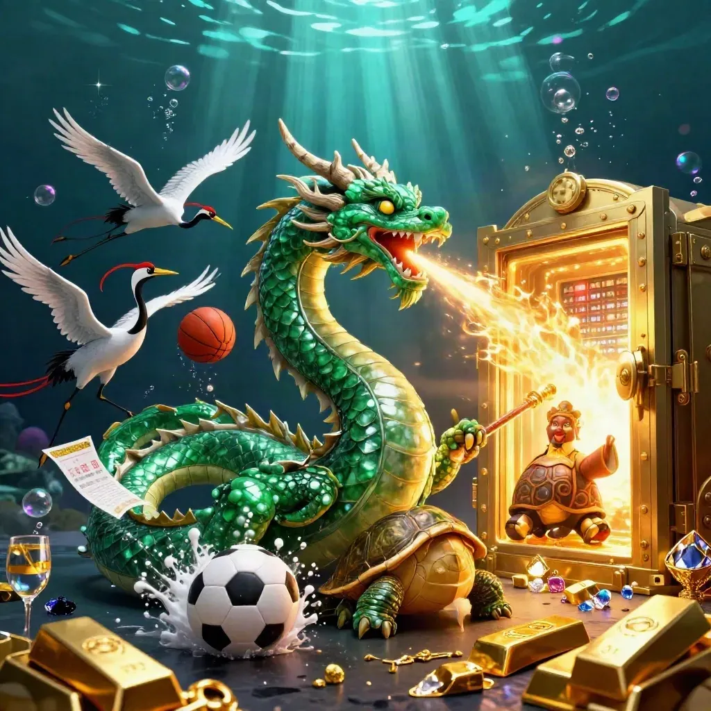 Emerald dragon, turtle sage and cranes amid gold burst underwater with soccer and basketball energy.