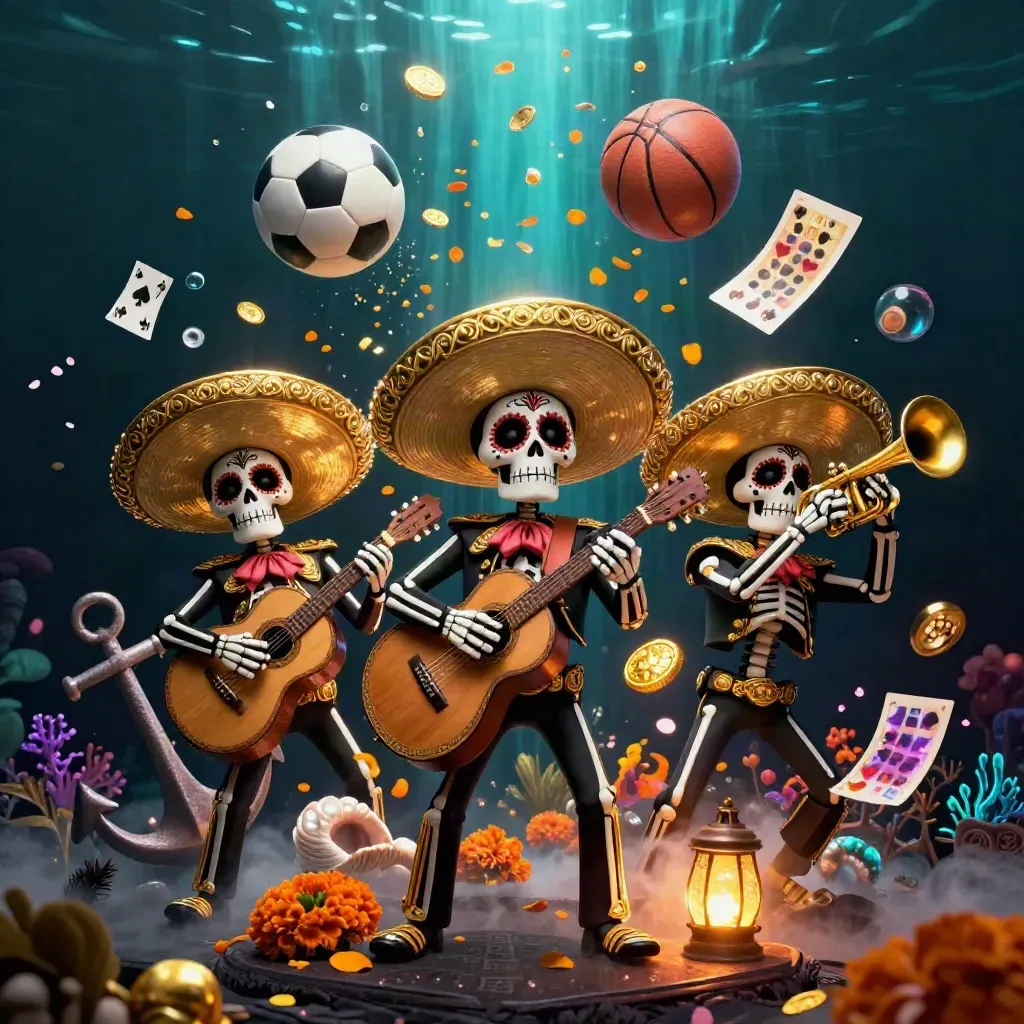 Skeleton mariachi trio underwater with coins, coral, balls, and casino glow.