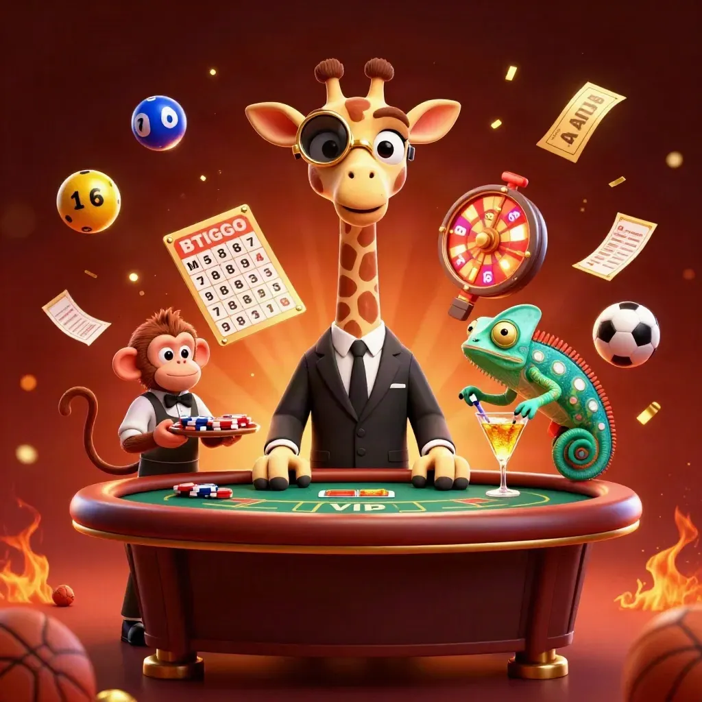 Luxury casino animals around a poker table with flying balls, wheel, tickets, ember glow.
