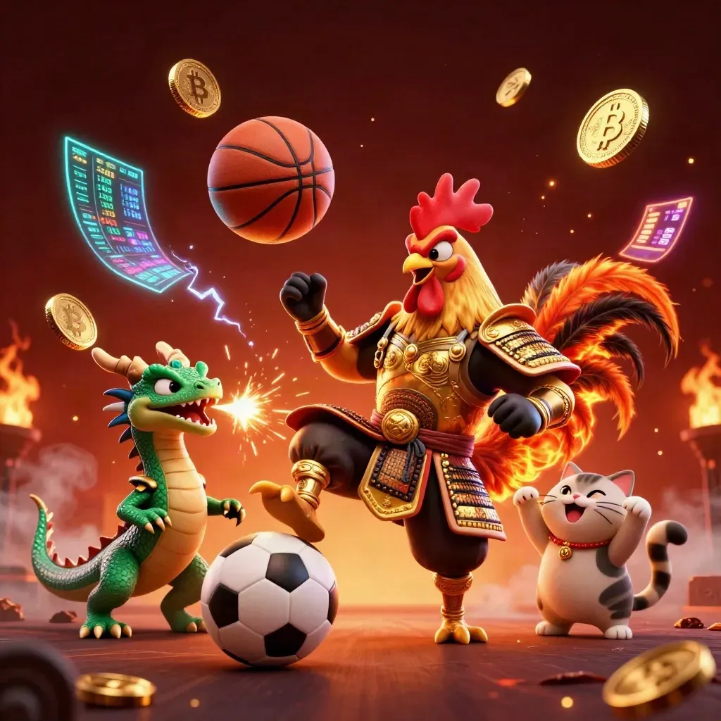 Rooster warrior, dragon hatchling, and fortune cat amid sparks, coins, and betting graphics.