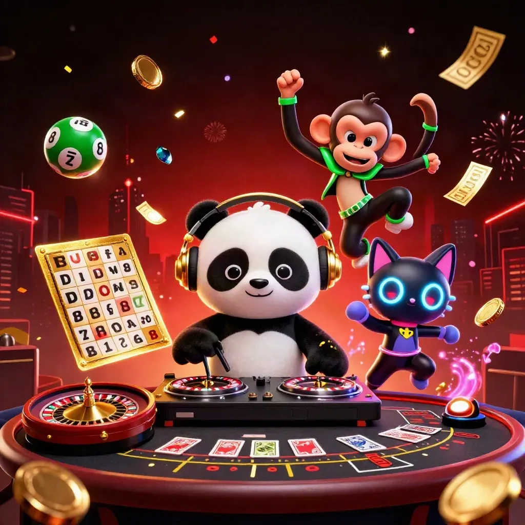 DJ panda, breakdancing monkey, and glow-kitten in a luxe casino scene with fireworks and spinning wheels