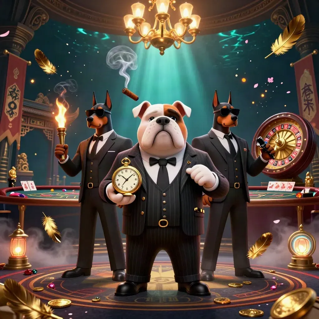 Cartoon bulldog boss and Doberman guards in a luxe casino room with roulette, temple gate, and glowing effects