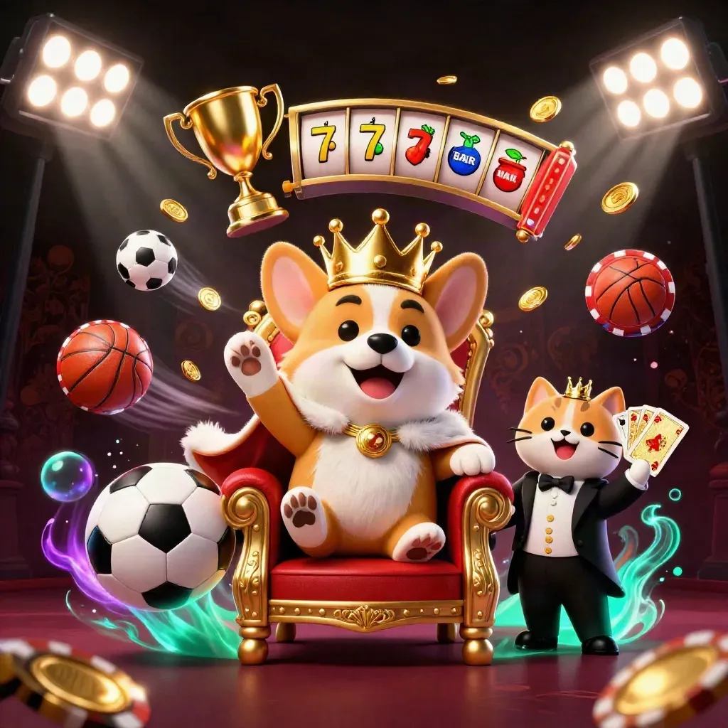 Royal corgi king and cat butler amid glowing chips, balls, trophy, and neon casino reef effects.