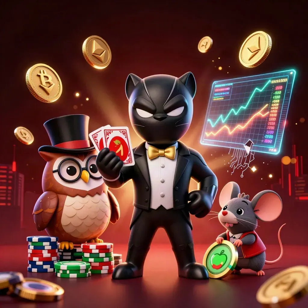 Panther, owl, and mouse casino heroes amid coins, charts, lightning, and emerald glow.