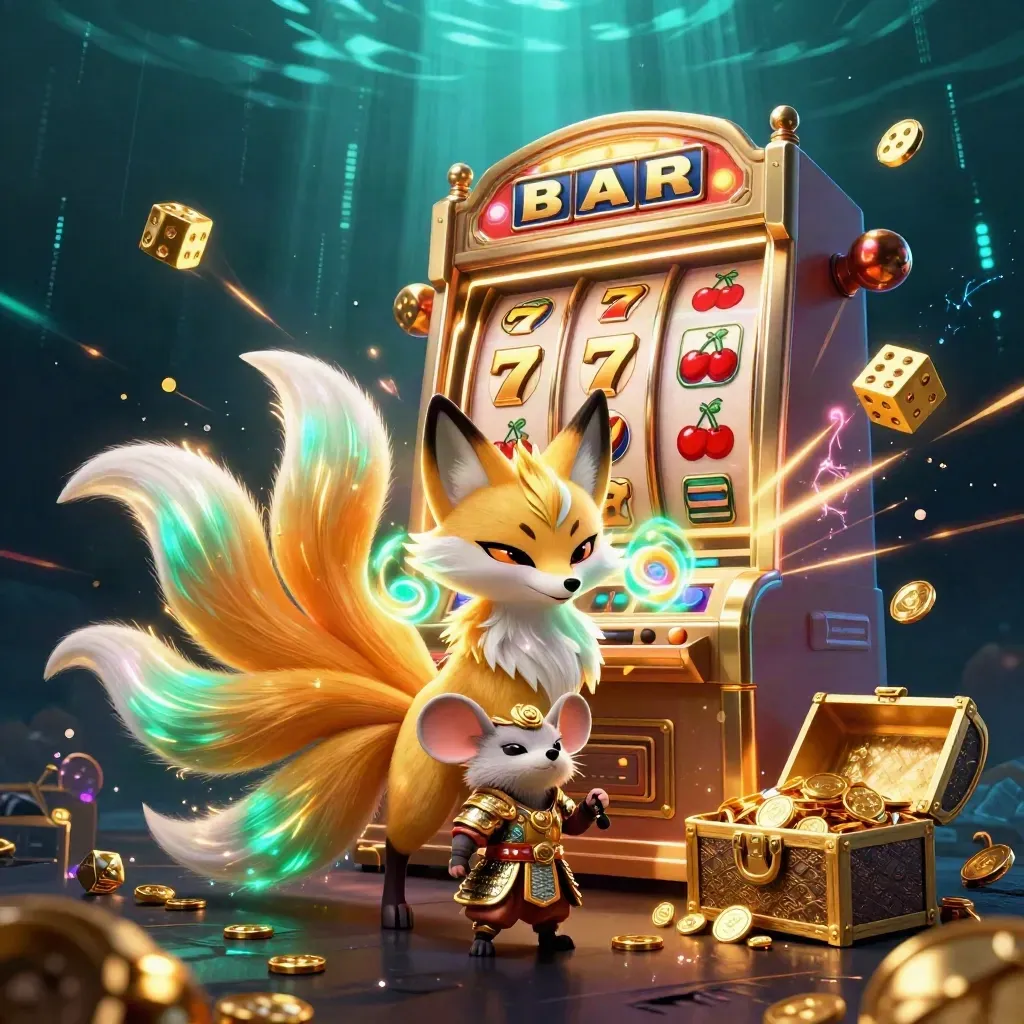 Nine-tailed fox spirit and armored mouse burst from a gold slot machine underwater.