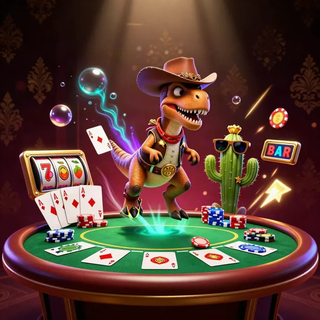 Cowboy T-Rex, cactus sidekick and roadrunner blasting poker chips and casino glow