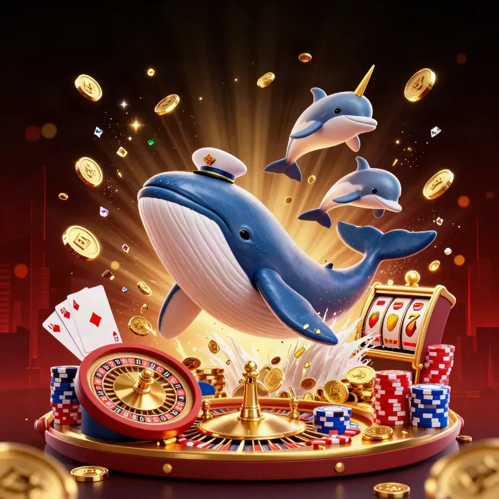 Whale captain, narwhal, and dolphins explode through coins with chips, cards, and neon casino effects.