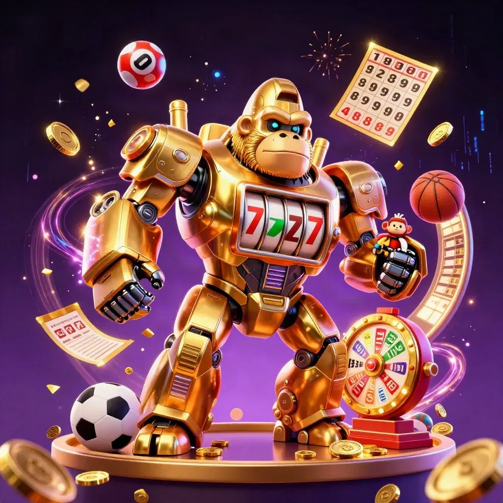 Golden gorilla mech with monkey pilot amid coins, sports balls, and casino effects.