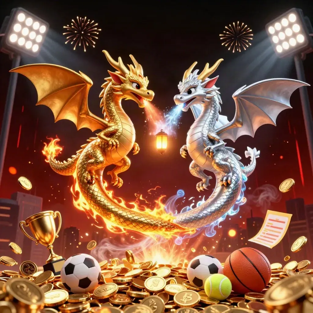 Twin dragons swirl above coins, trophy, balls, and fireworks in a dark casino skyline.