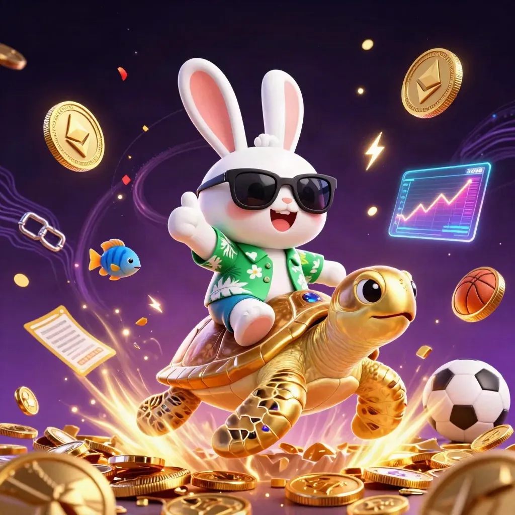 Lucky rabbit rides a gold turtle amid coins, confetti, fireworks, crypto icons, and casino effects.