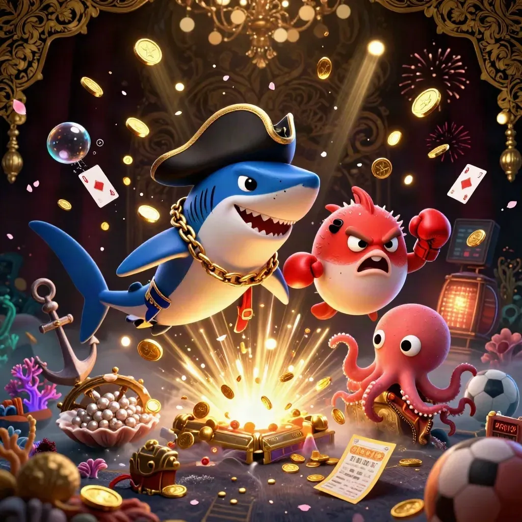 Shark pirate, boxing pufferfish, and juggling octopus amid treasure, coins, and fireworks.