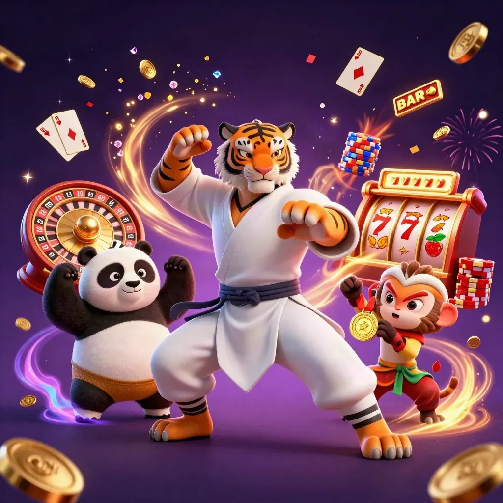 Kung-fu tiger, panda, and monkey in a casino splash with coins, cards, chips, and glowing effects