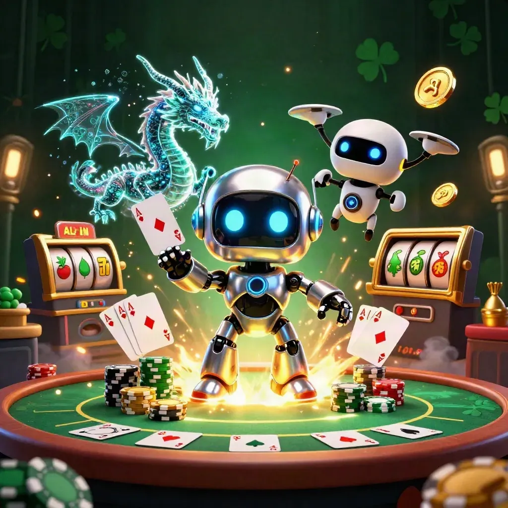 Cyberpunk robot, holographic dragon and coin drone over a casino poker table in emerald gold light.