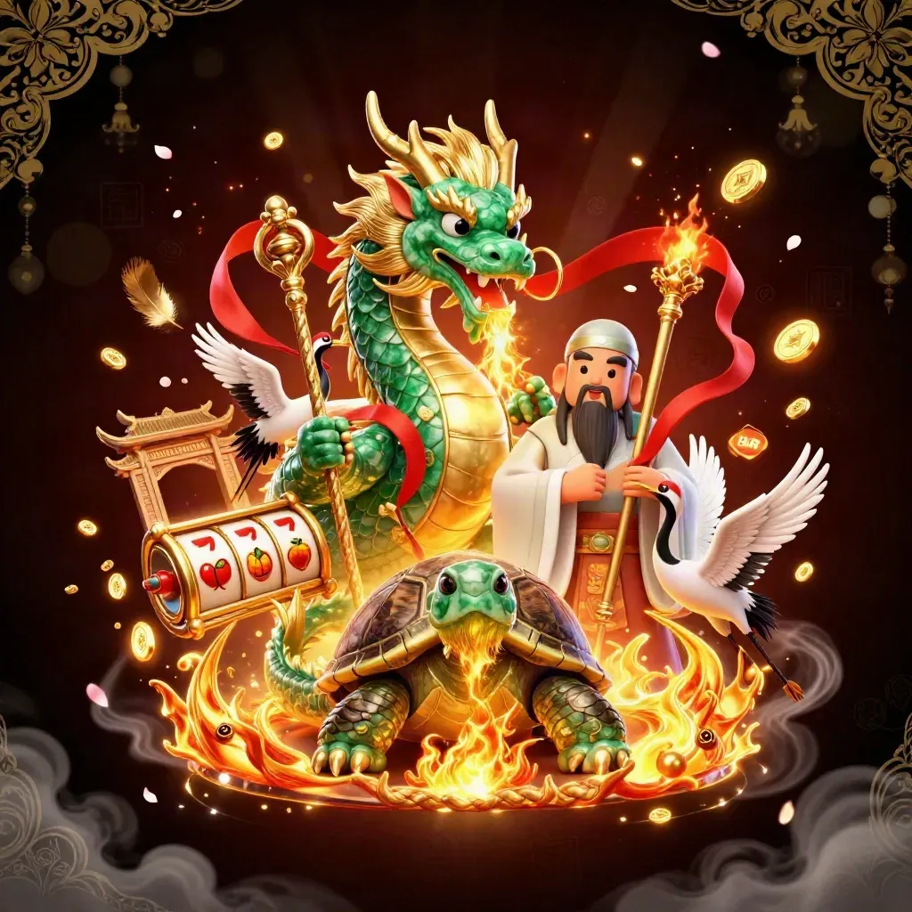 Emerald dragon, turtle sage, and cranes amid gold fire, coins, and temple lights on dark burgundy.